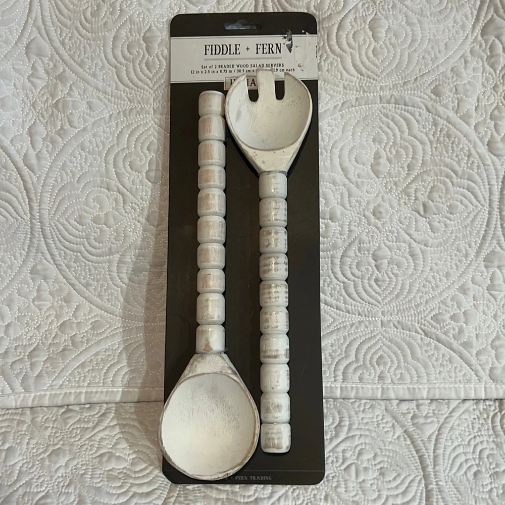 Fiddle + Fern set of 2 beaded‎ wood salad servers, new